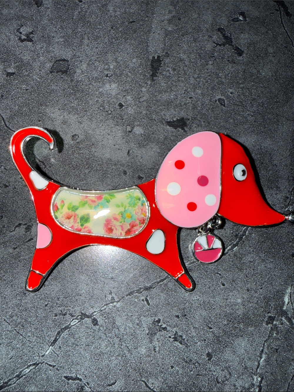 Red and Pink Dog Brooch Pin with Floral Accent - Unbranded